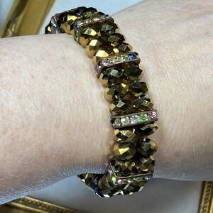 Vtg Golden Crystal Faceted Glass Double Stretch Bracelet Statement Sparklecore